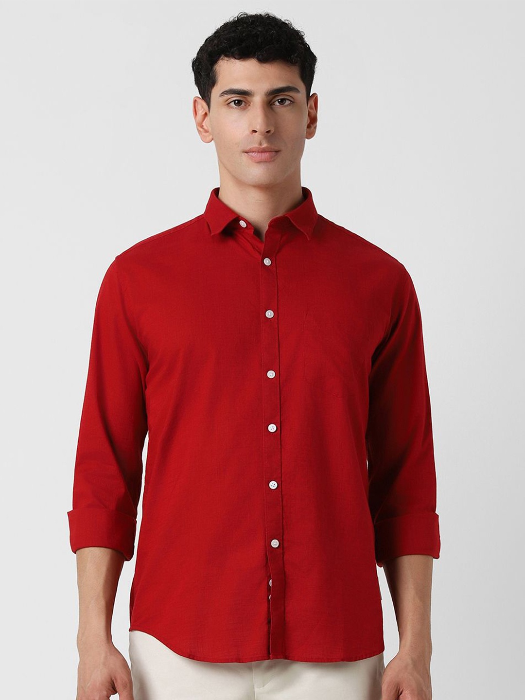 

V Dot Men Spread Collar Solid Cotton Slim Fit Casual Shirt, Red