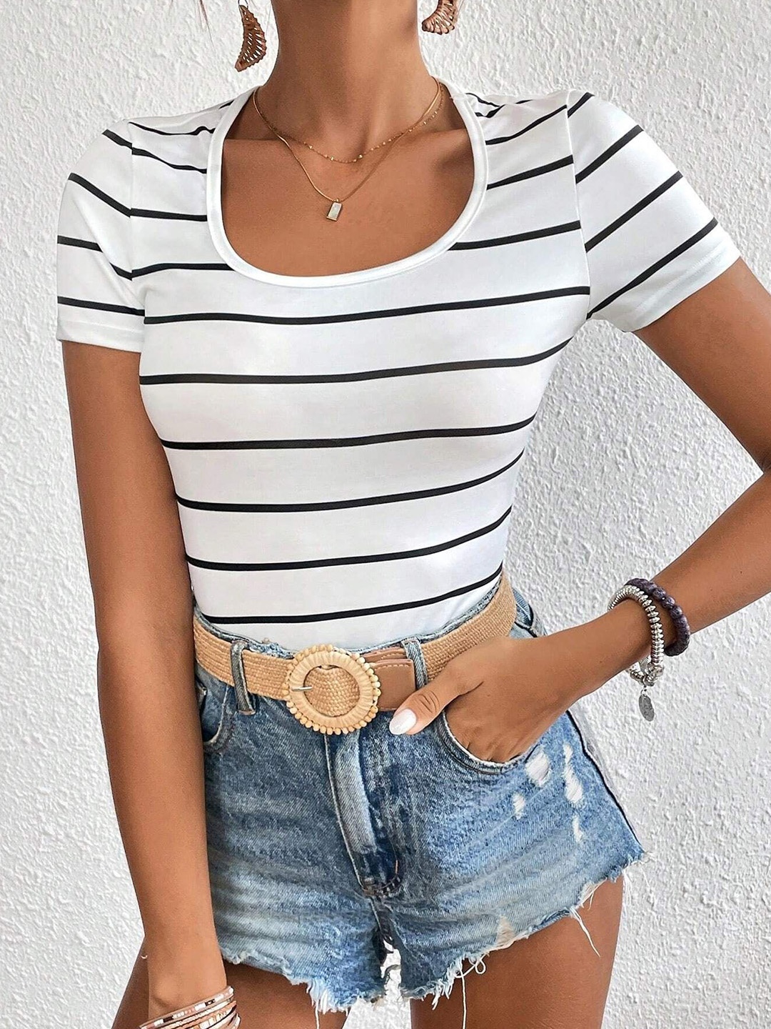 

Stylecast X Slyck Horizontal Striped Round Neck Top, White