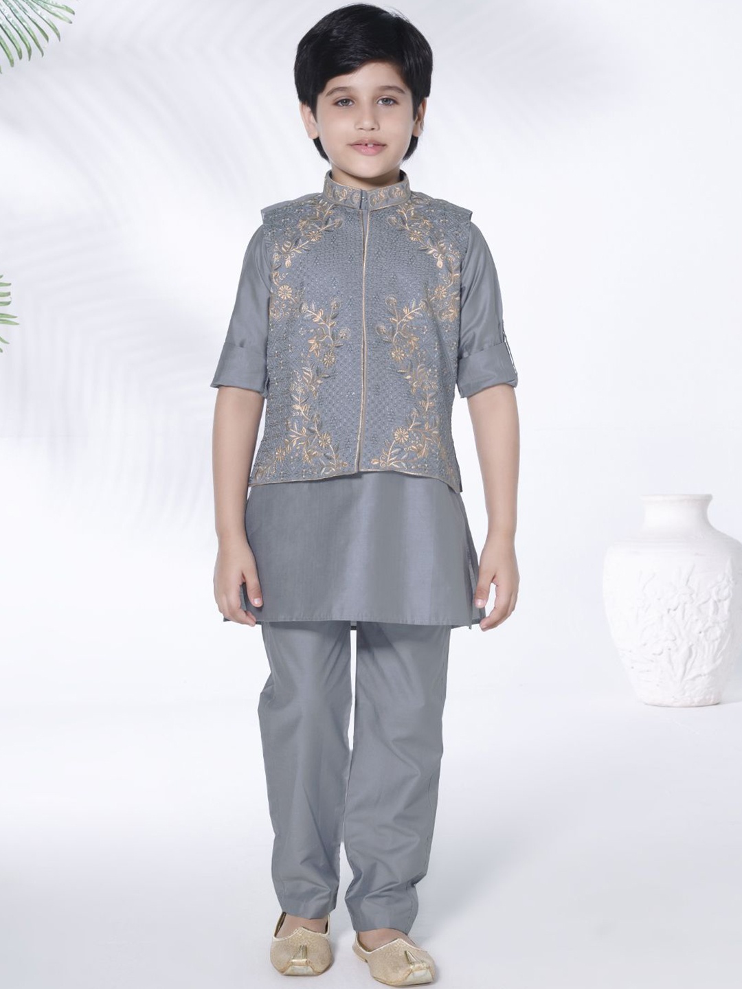 

Ministitch Boys Mandarin Collar Straight Kurta With Trouser And Embroidered Jacket, Blue