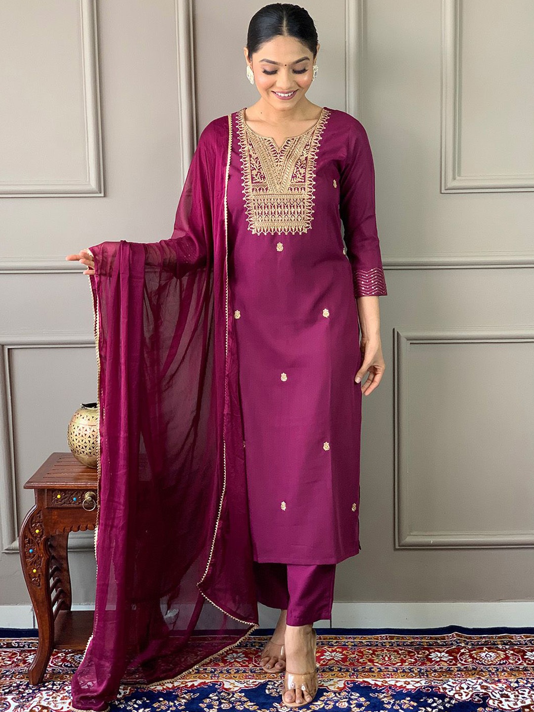 

Meena Bazaar Ethnic Motifs Notch Neck Thread Work Straight Kurta with Trousers & Dupatta, Burgundy