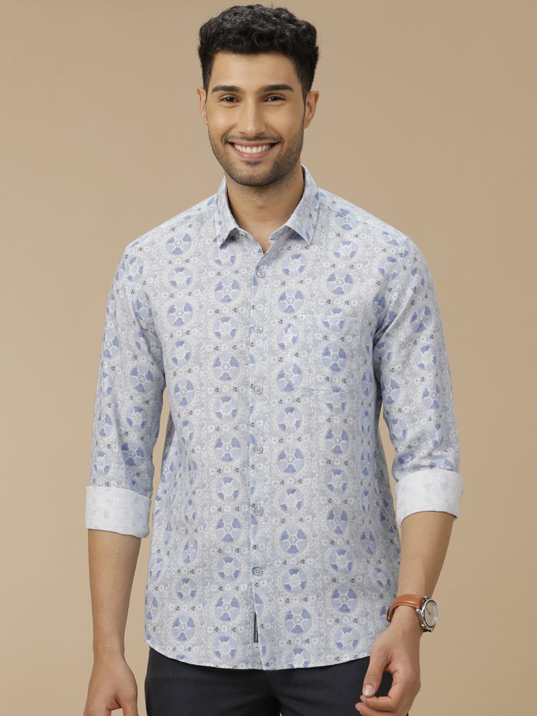 

Linen Club Men Contemporary Slim Fit Abstract Printed Casual Shirt, Blue
