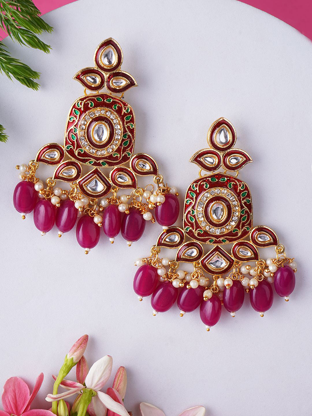 

Adwitiya Collection Gold-Plated Kundan Studded Classic Drop Earrings, Red
