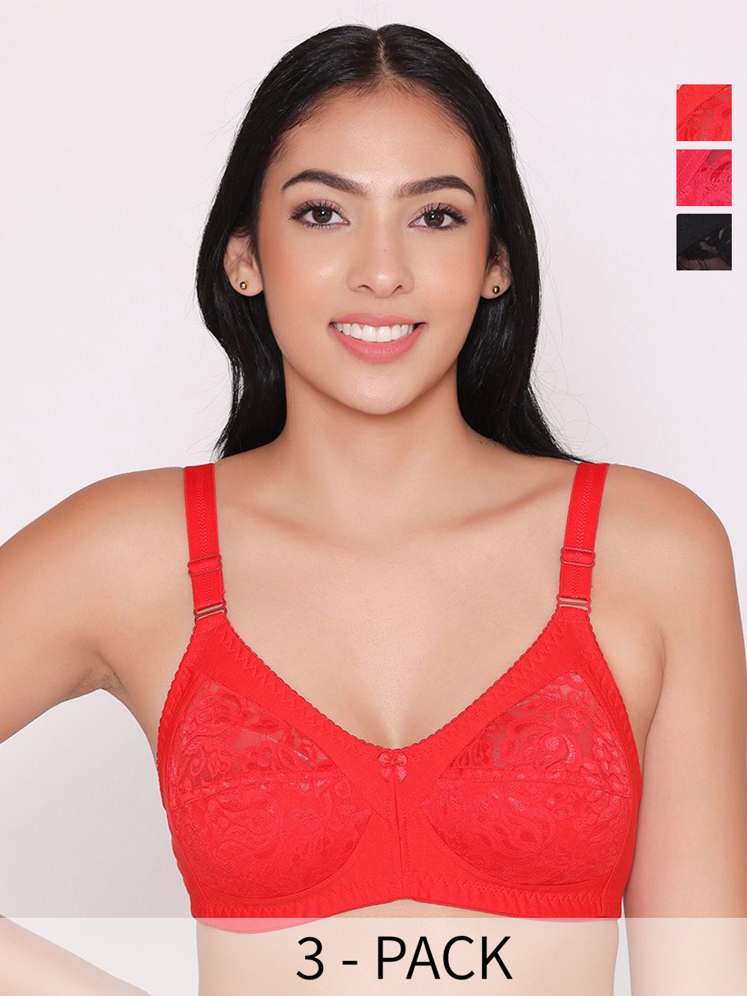 

INKURV Women Pack of 3 Self Design Medium Coverage Bra, Red