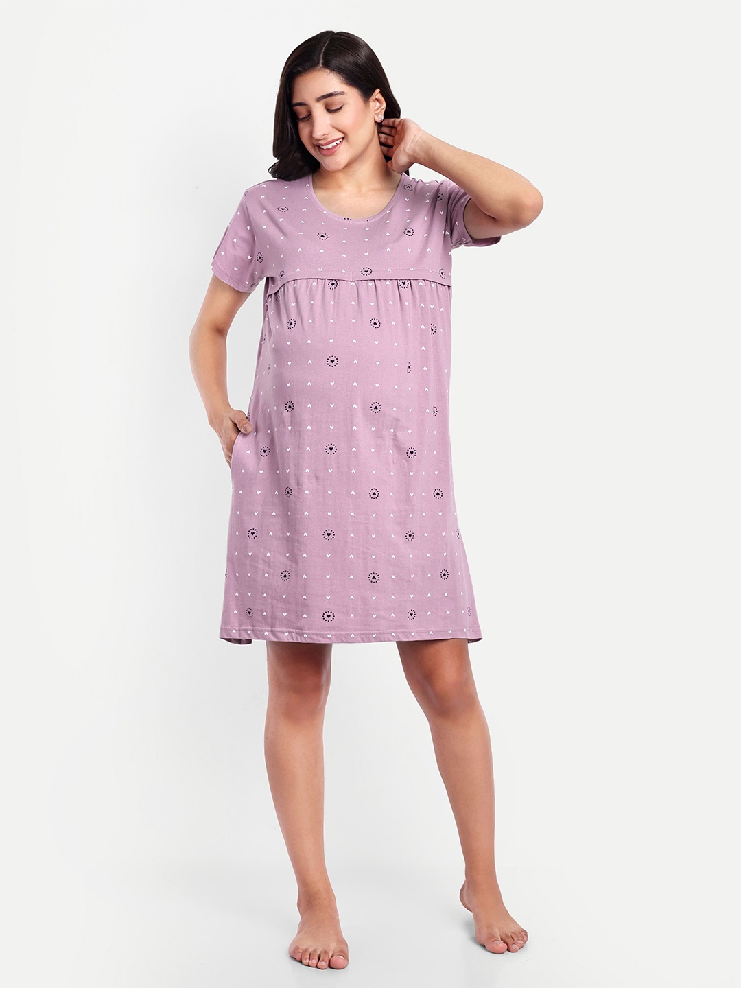 

THE MAMA KLUB Geometric Printed Nightdress, Violet