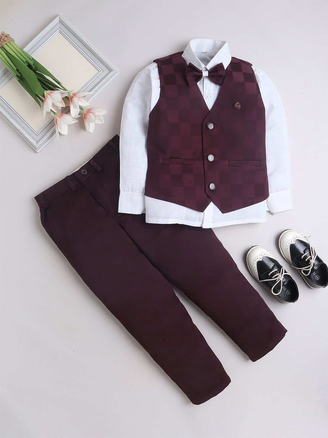 

FOURFOLDS Boys Self Design Checked Waistcoat and Trouser and Shirt with Bow Tie, Burgundy