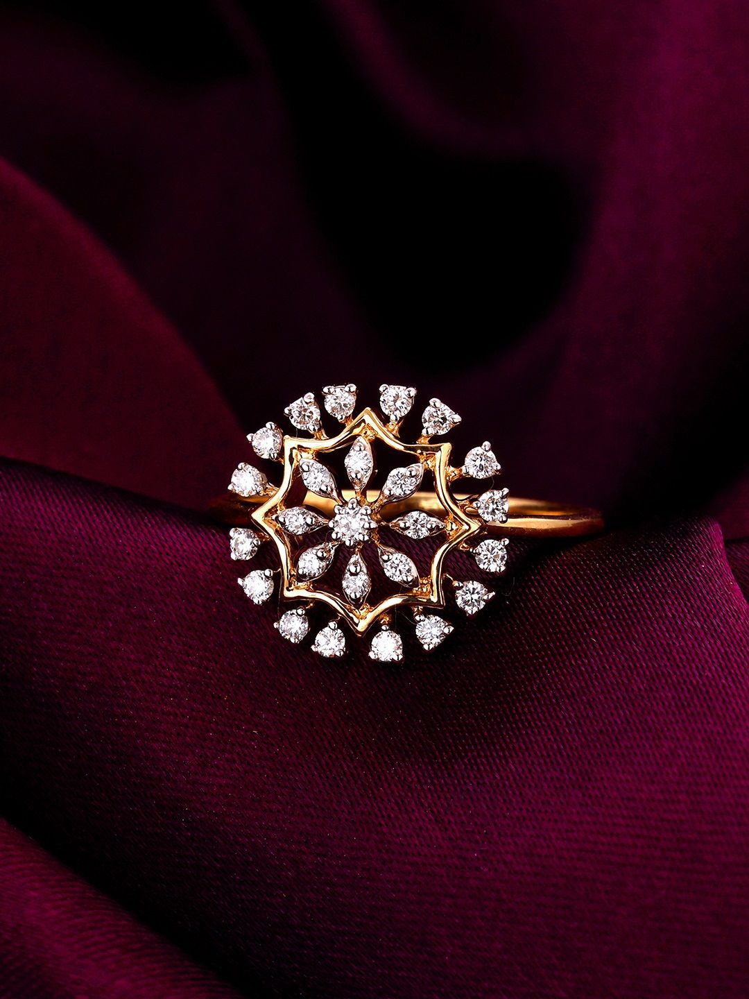 

GIVA 14KT BIS Hall Mark Yellow Gold Glamorous Floral Diamond Ring, Fixed Size, Indian - 14