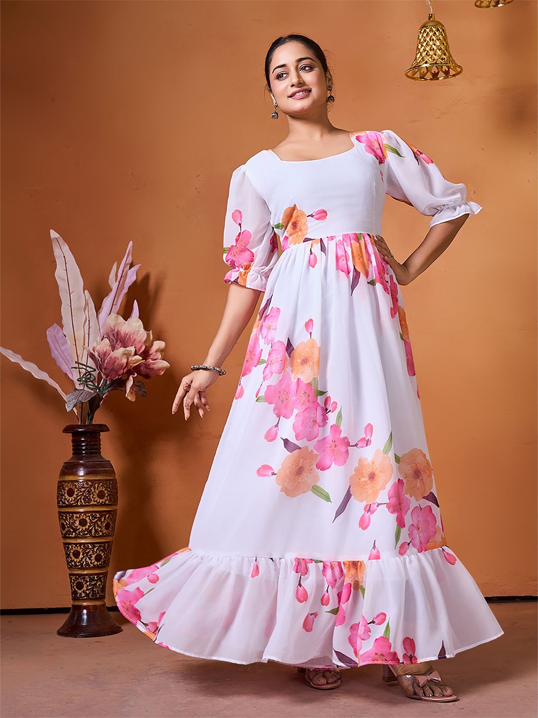 

BAESD Women Floral Printed Puff Sleeve Maxi Dress, White