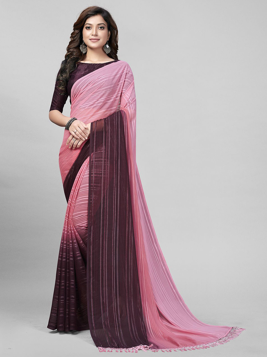 

KALINI Zari Striped Ombre Saree With Blouse Piece, Pink