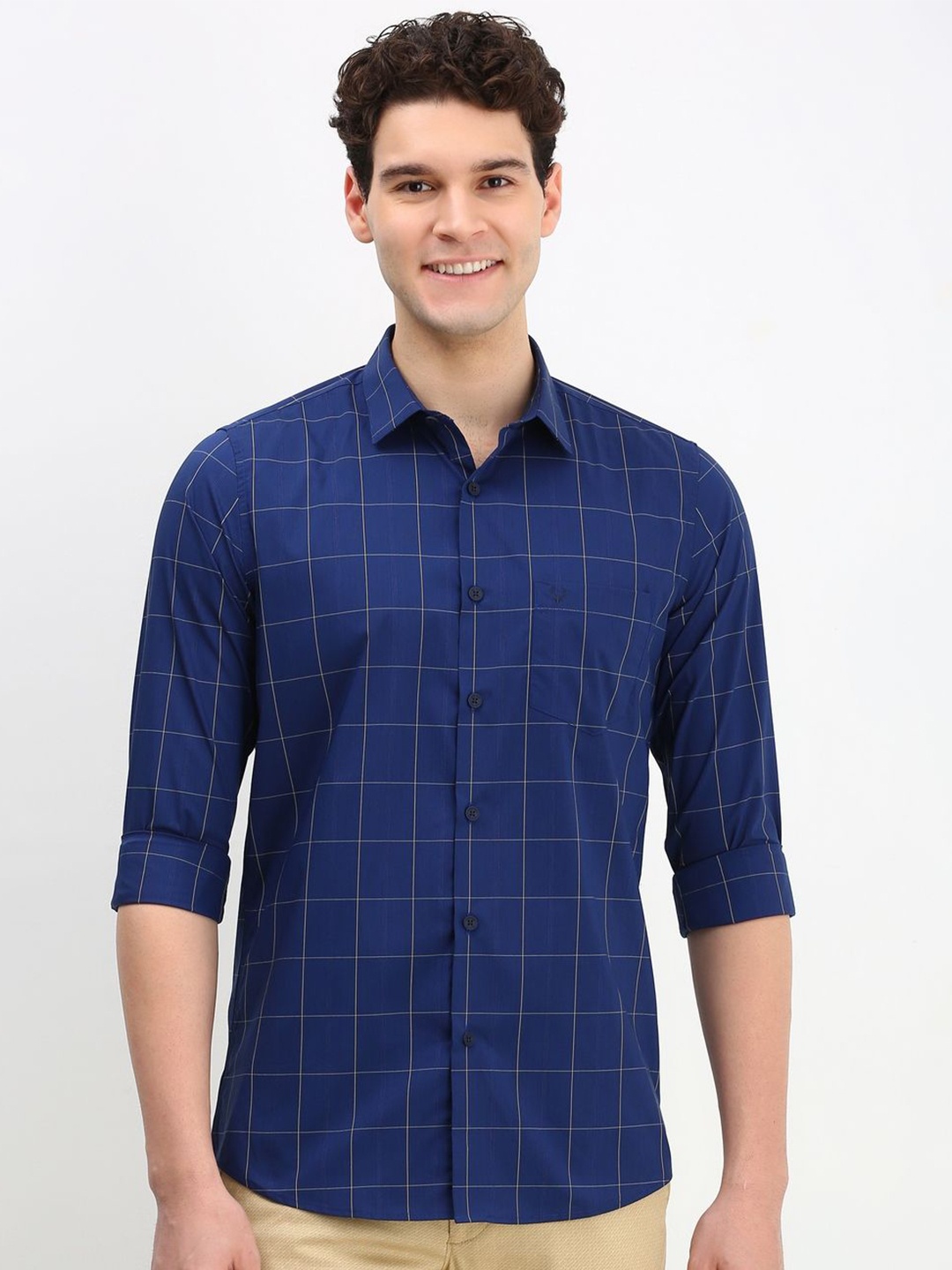 

Allen Solly Men Checked Cotton Slim Fit Casual Shirt, Navy blue