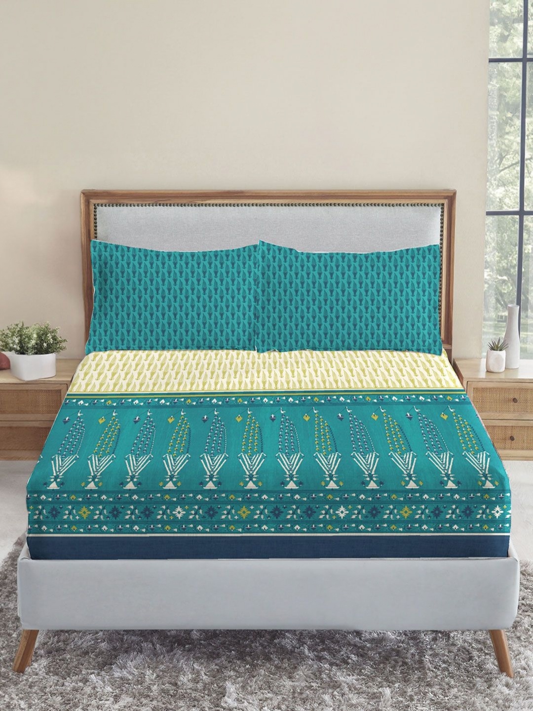 

MYTRIDENT Paithani Teal Sanskriti Flat 144TC King Cotton Bedsheet Set