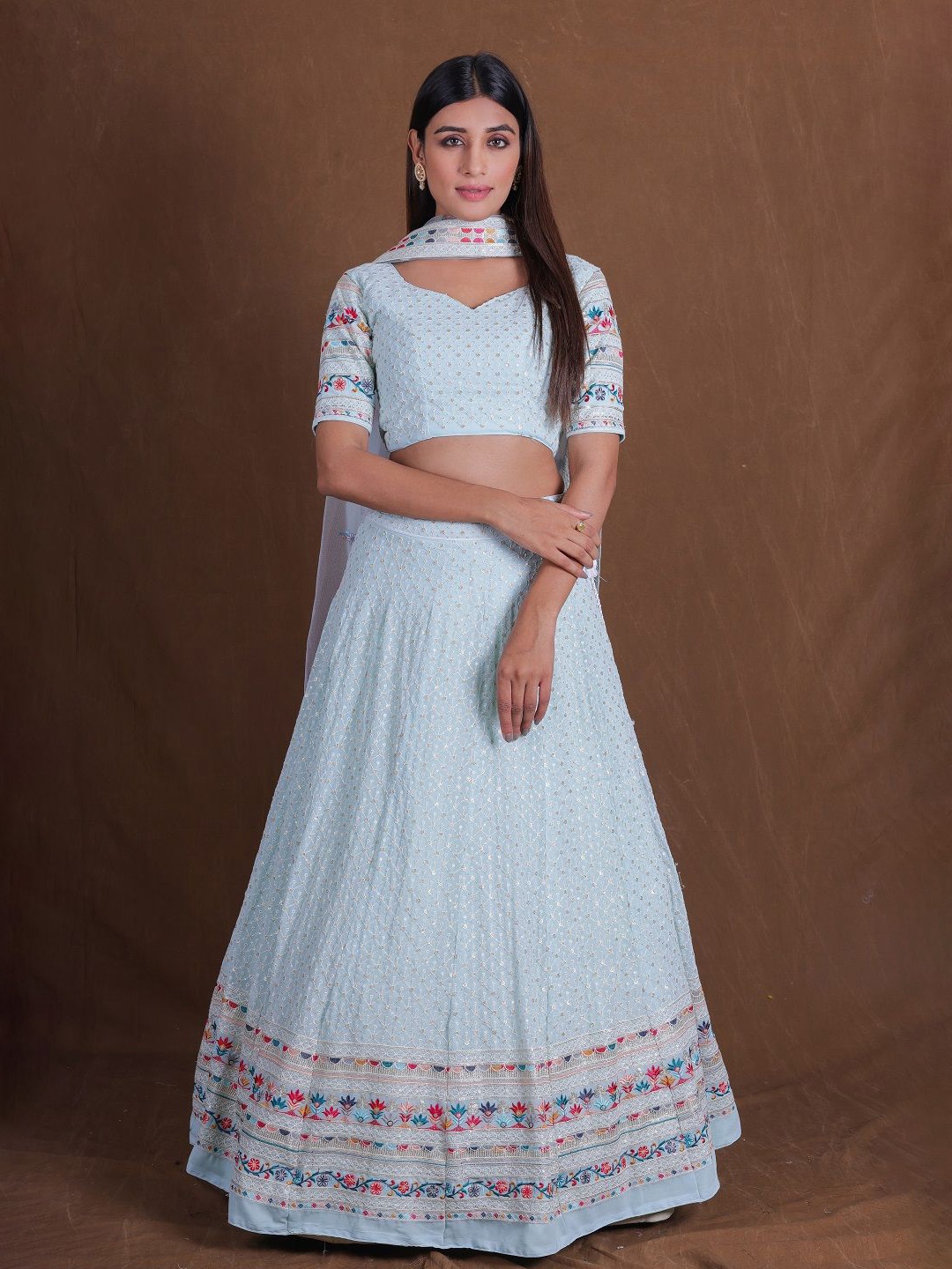 

JIHU CULTURE Embroidered Sequinned Semi-Stitched Lehenga & Unstitched Blouse With Dupatta, White