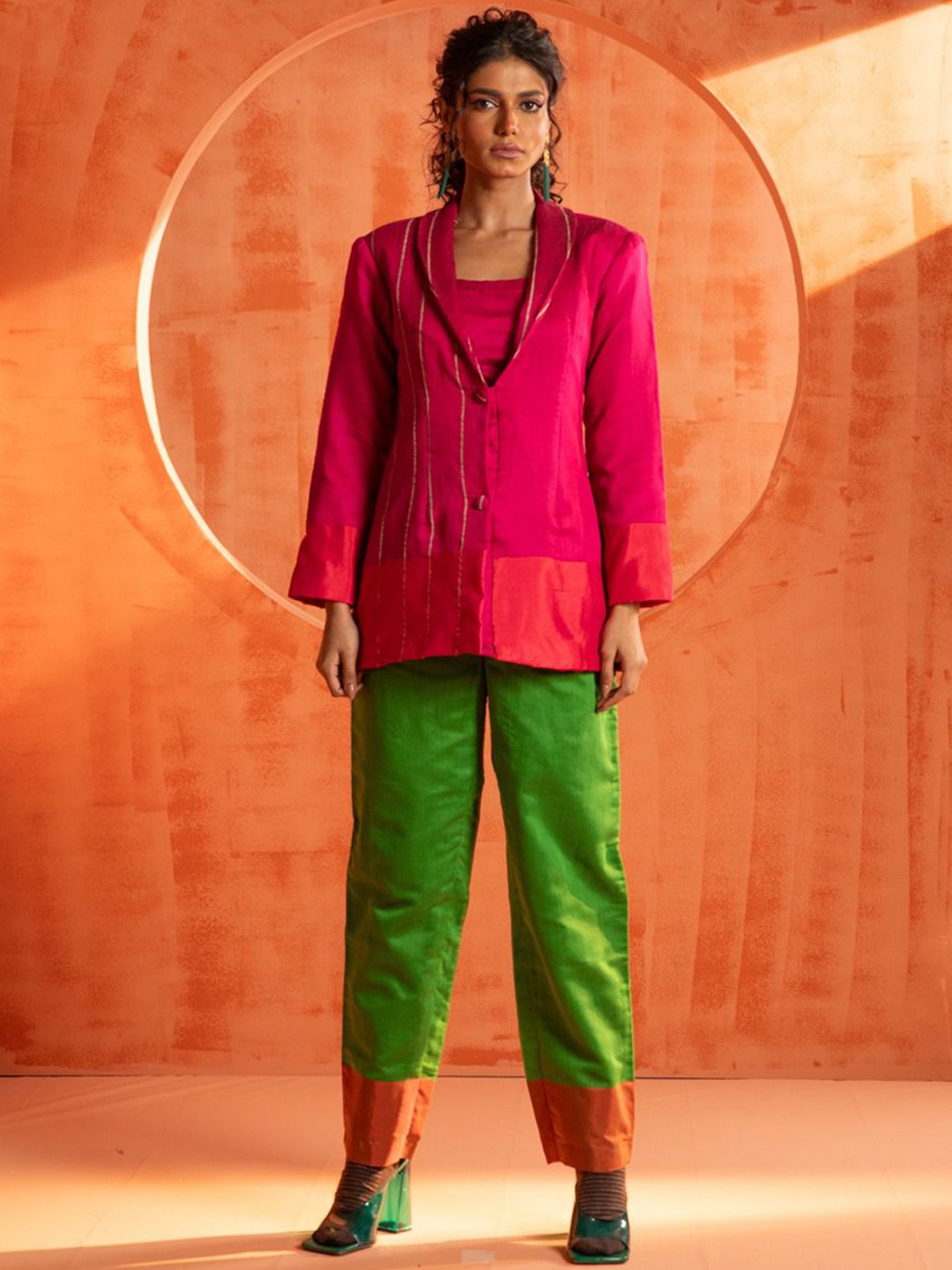 

Indethnic Shawl Neck Pure Cotton Top With Trousers & Jacket, Pink