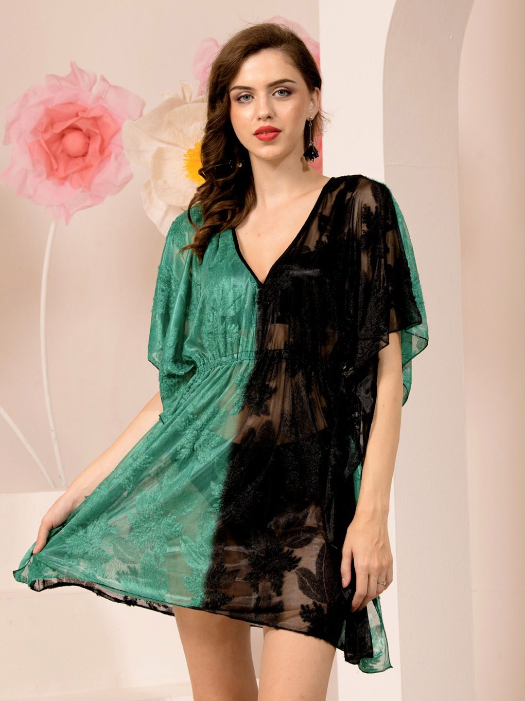 

TANDUL Floral Self Design Extended Sleeves Extended Sleeves Semi Shree Kaftan Mini Dress, Black