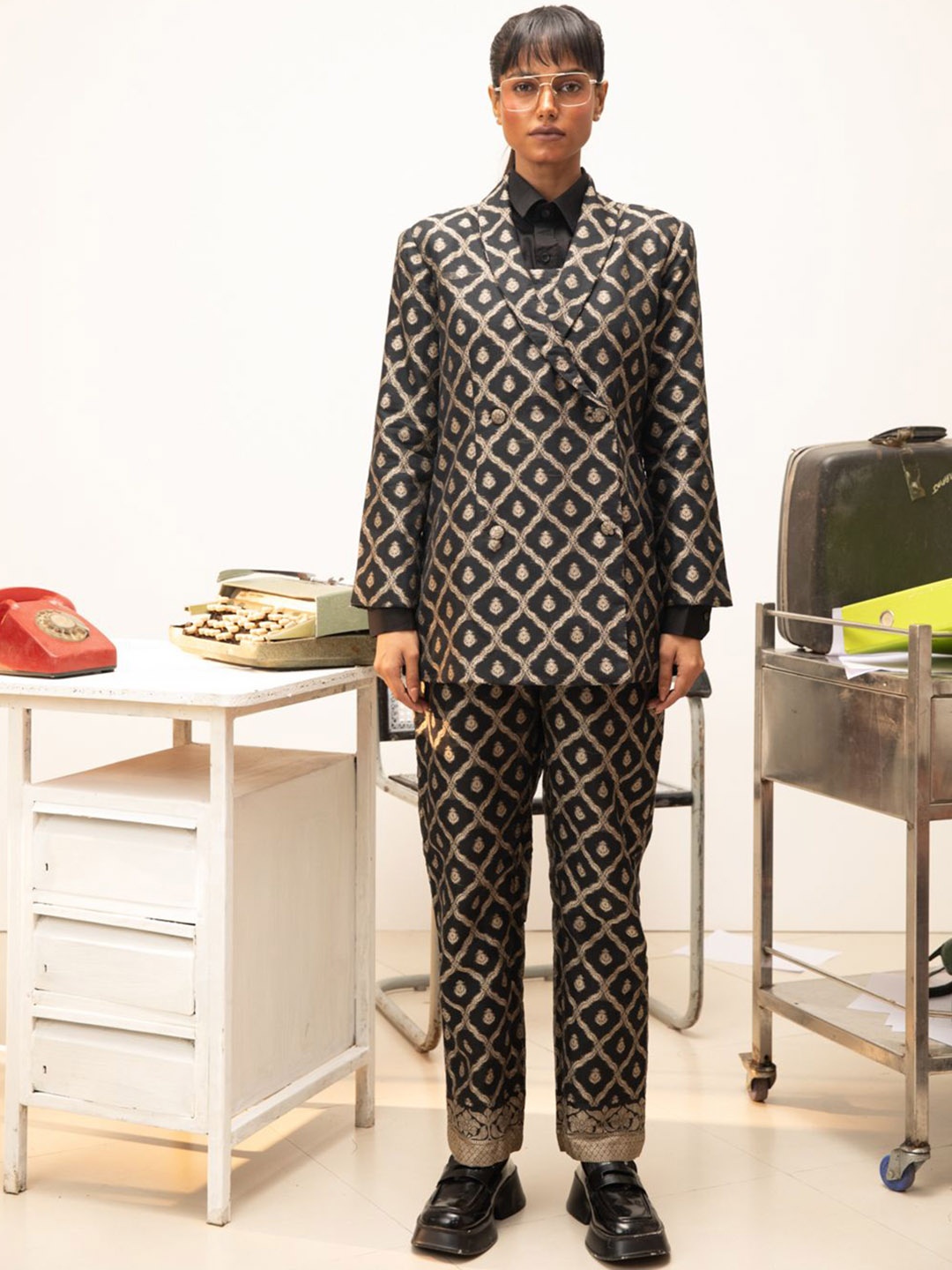 

Indethnic Floral Woven Design Pure Cotton Top & Trousers With Coat, Black