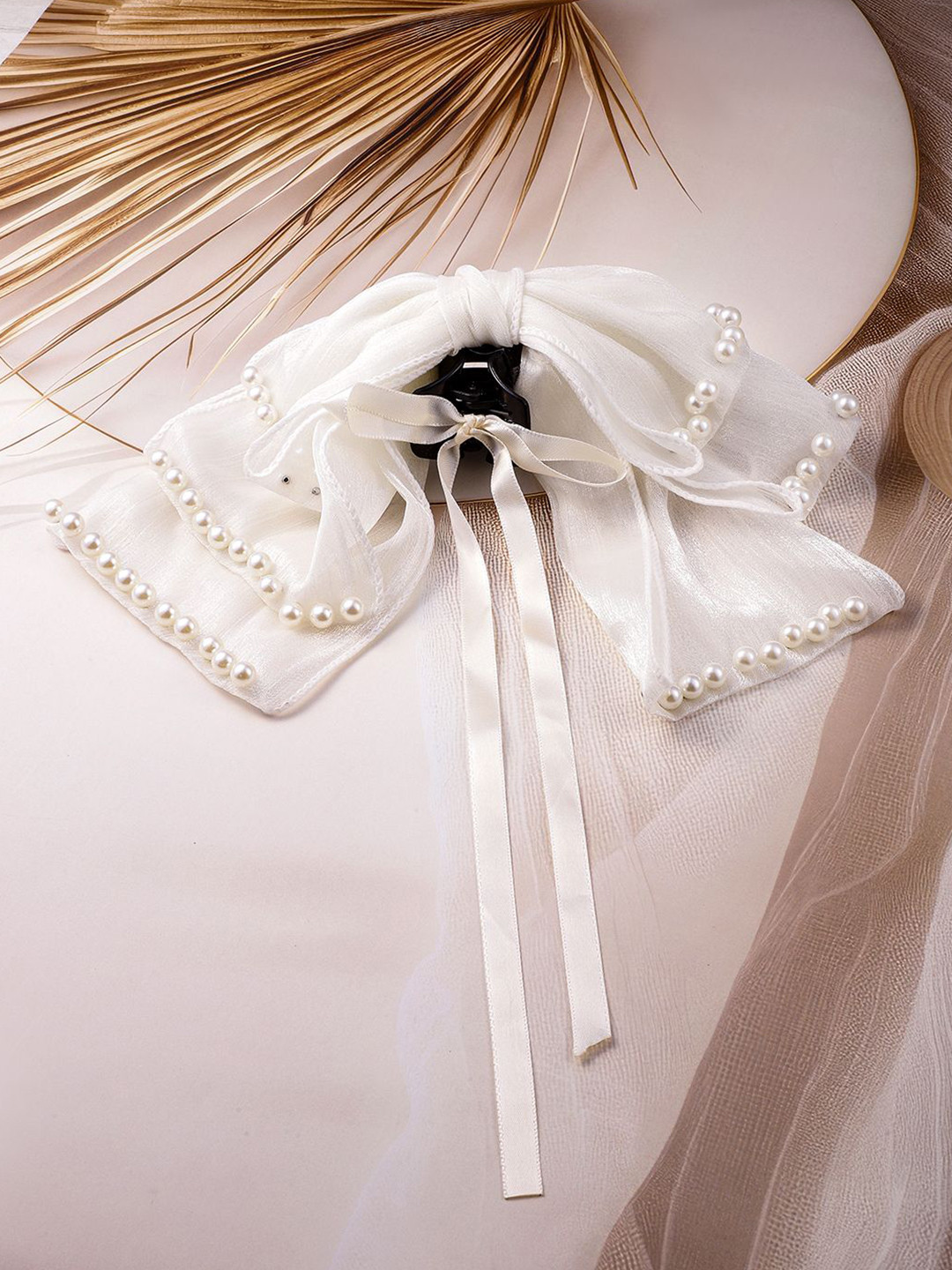 

Rubans White Sheer Bow Hair Claw with Pearl Detail & Ribbon Tails - Stylish Hair Accessory