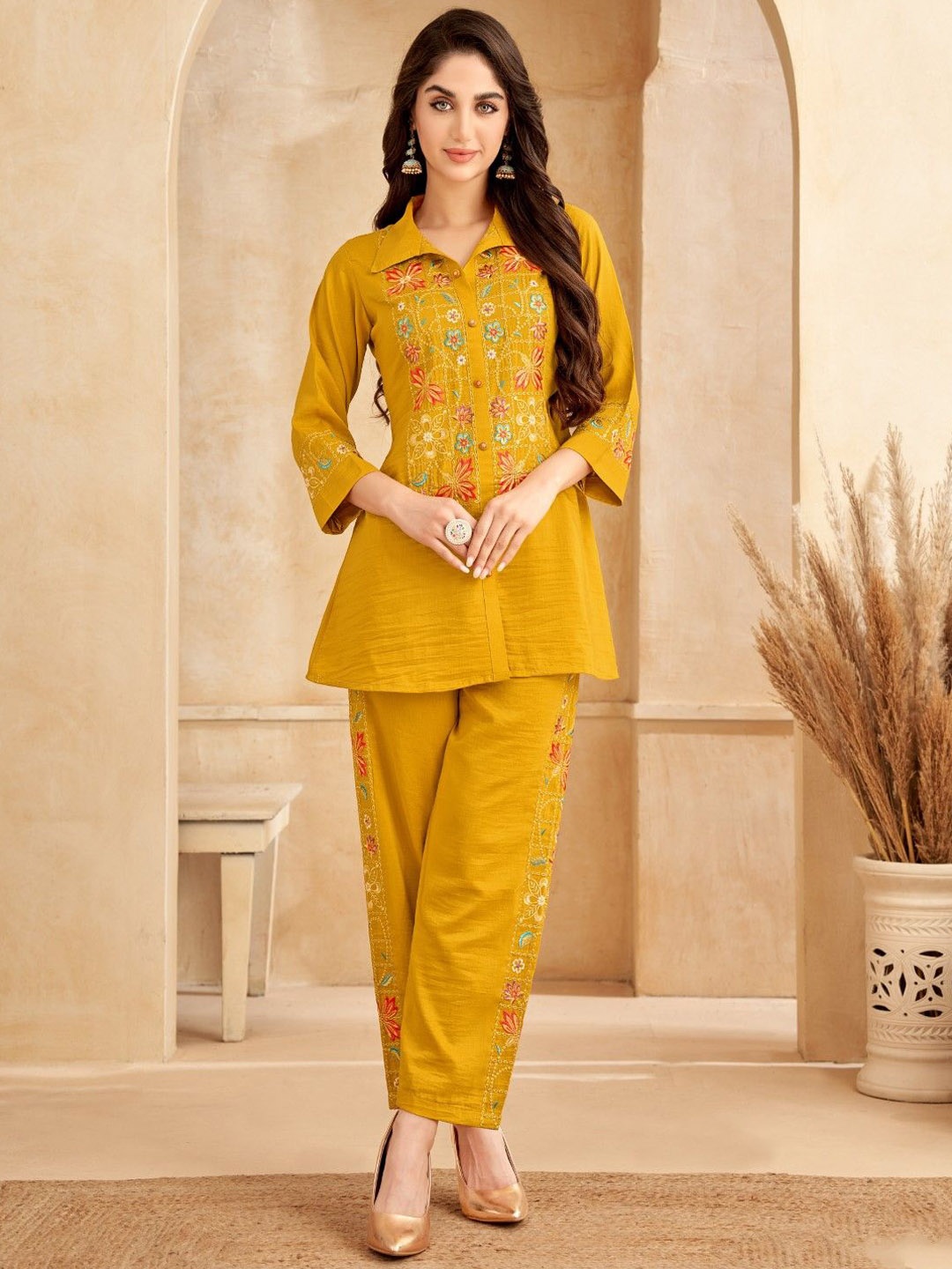 

AUTUMN LANE Eden Amber Floral Embroidered Tunic With Trousers, Yellow