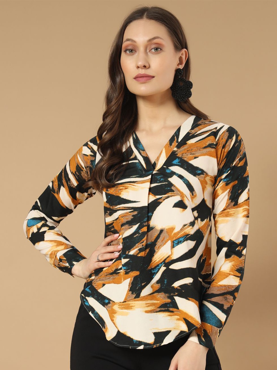 

ZWERLON Women V-Neck Abstract Printed Regular Top, Yellow