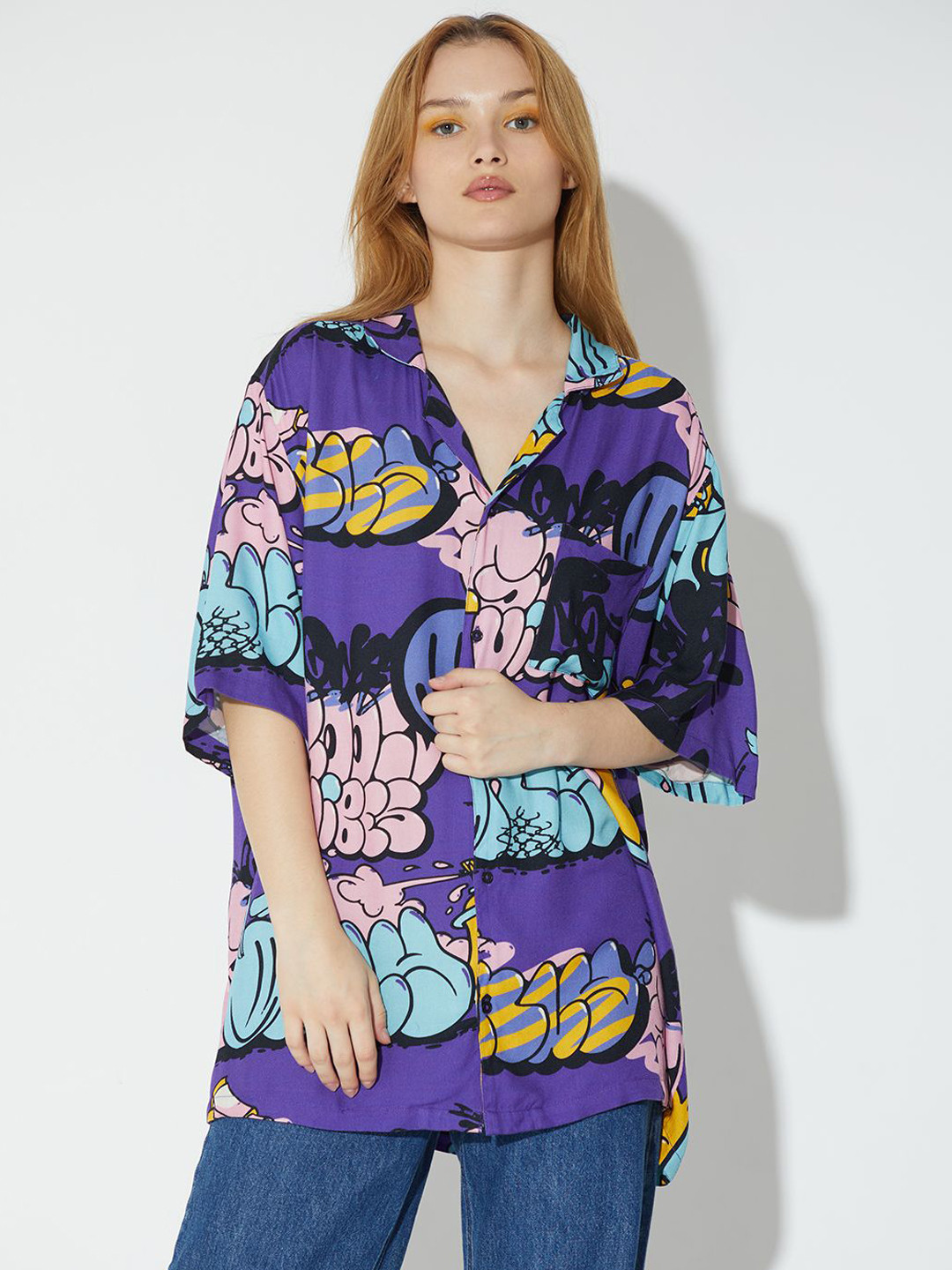 

ONLY Women Cuban Collar Abstract Printed Oversized Casual Shirt, Red