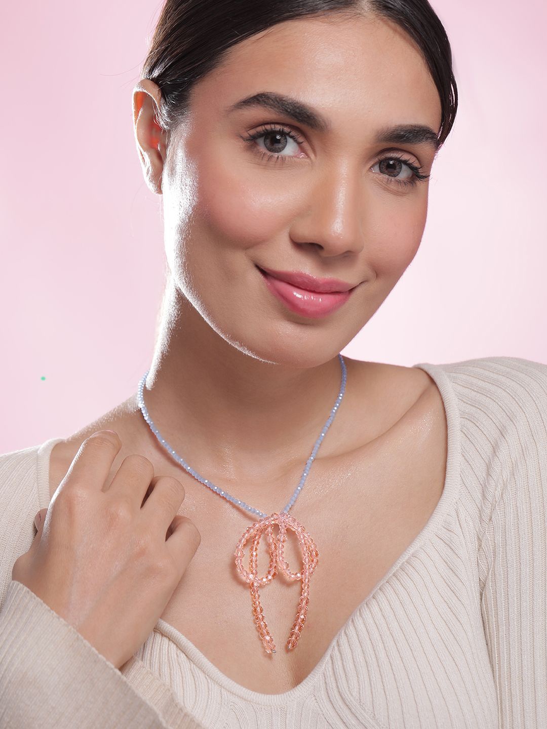 

Rubans hodium Plated Blue Beaded Necklace with Pink Crystal Bow Pendant, Silver