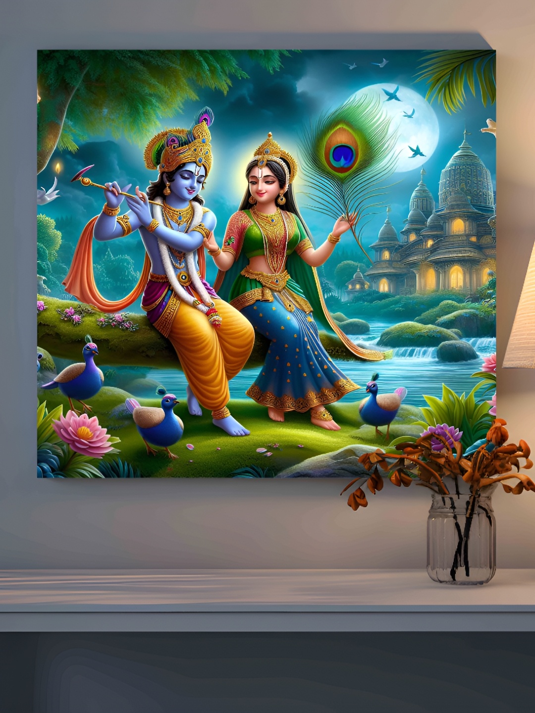 

SAF Blue & Green Lord Radha Krishna Wooden Religious Wall Paintings