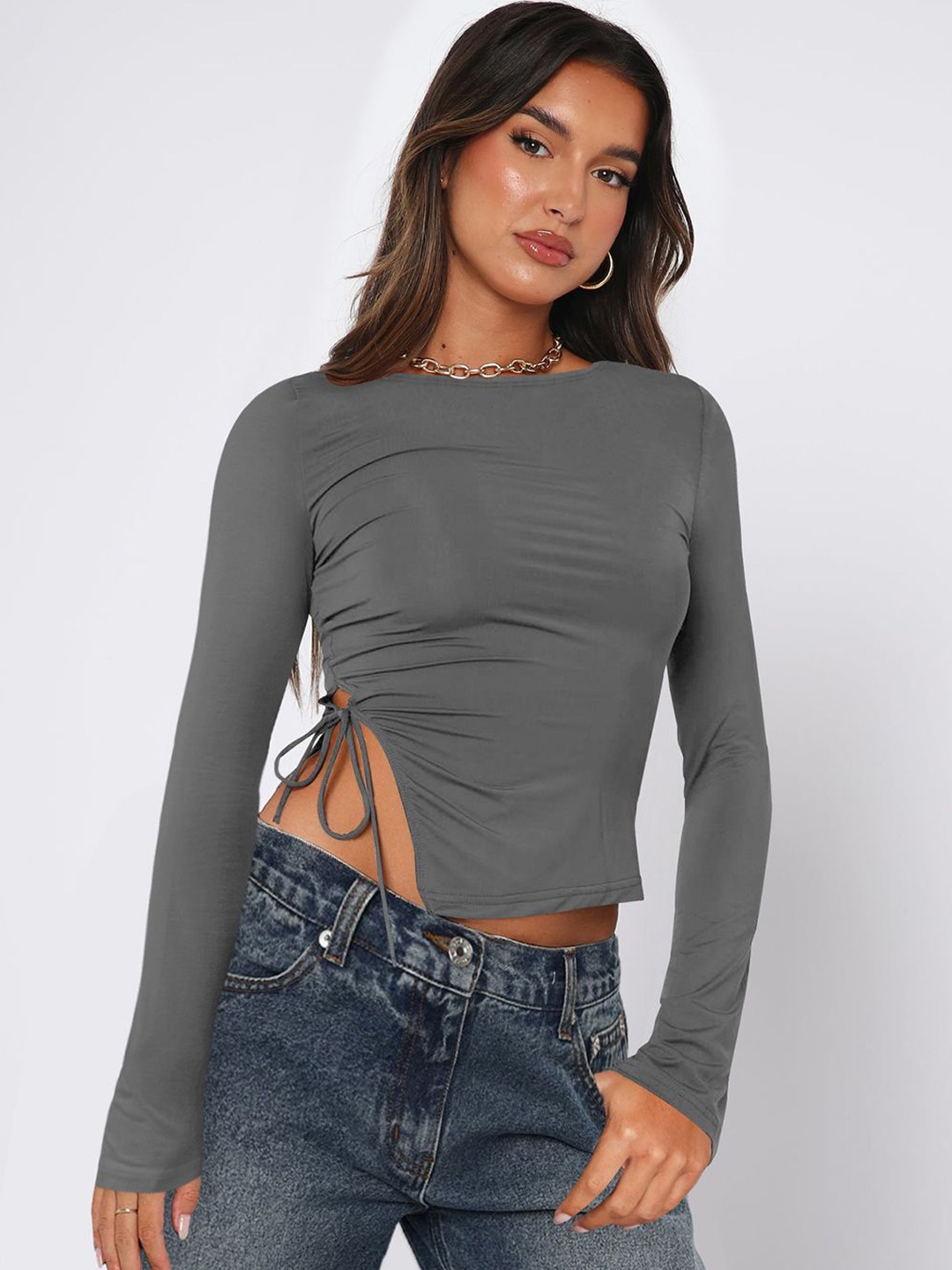 

JC Mode Women Solid Boat Neck Top, Grey