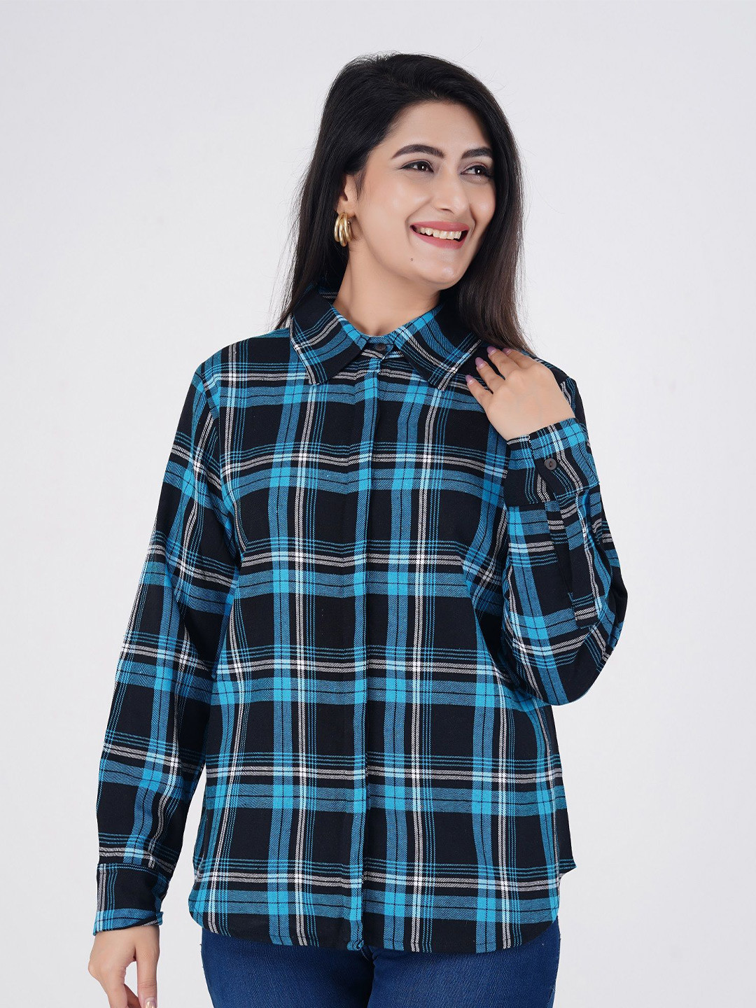 

Cloth Bites Women Spread Collar Buffalo Checked Cotton Casual Shirt, Blue