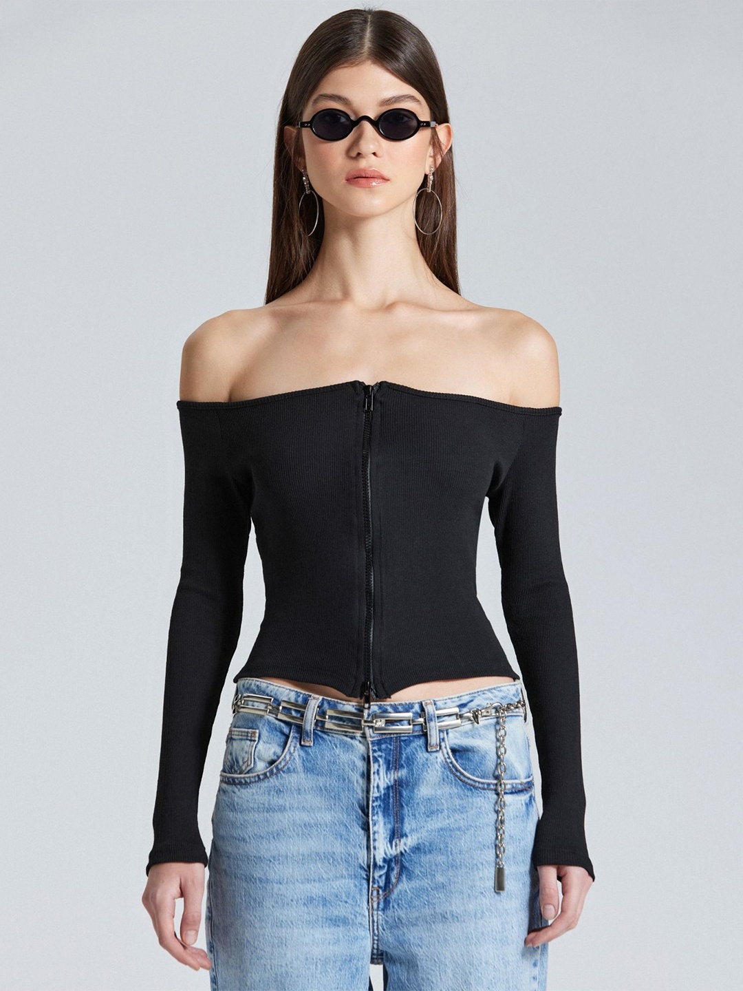 

ZOMODA Women Solid Off-Shoulder Cotton Top, Black