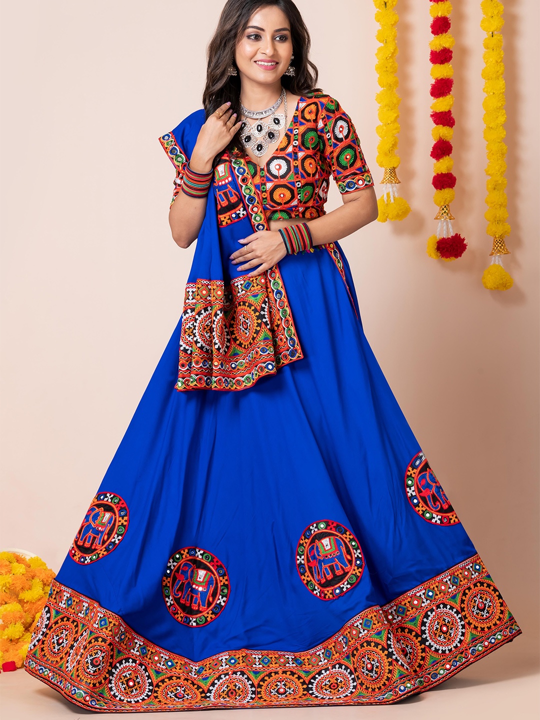 

Angroop Embroidered Mirror Work Semi-Stitched Lehenga & Unstitched Blouse With Dupatta, Blue