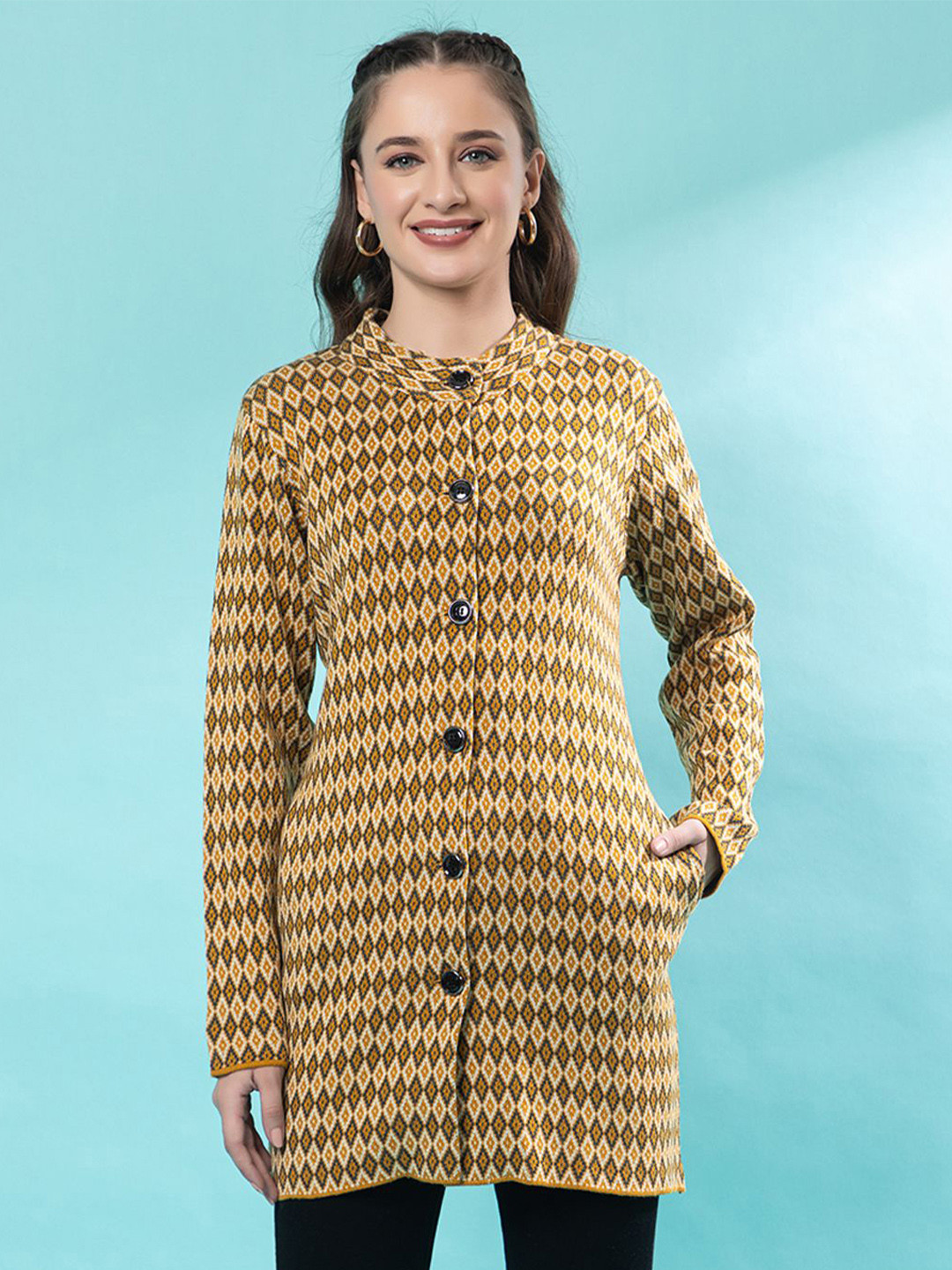 

Anouk Women Printed Cardigan Sweaters, Mustard