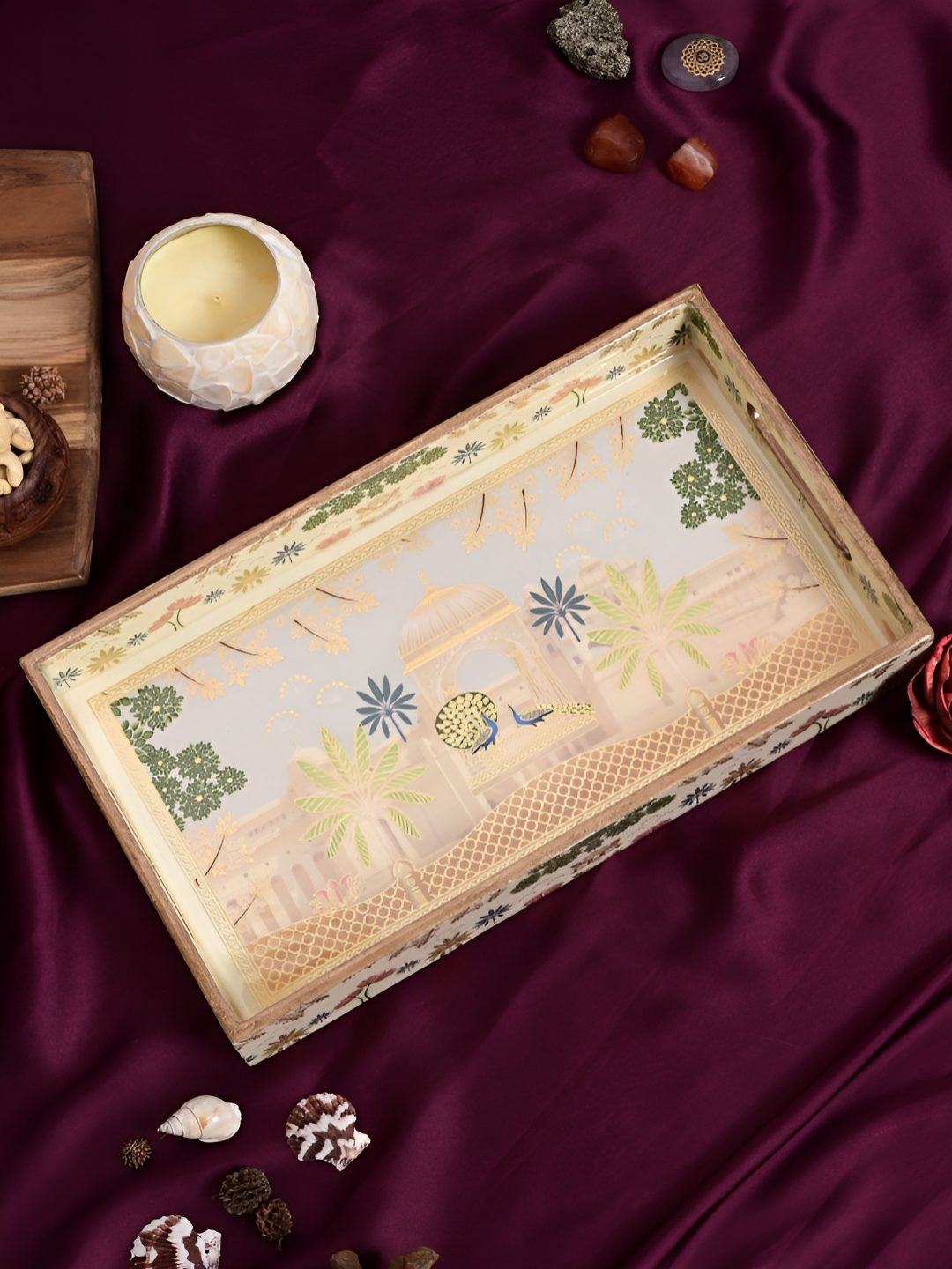 

HomeShastra Beige Ethnic Motifs Royal Peacock Printed Wood Serving Tray