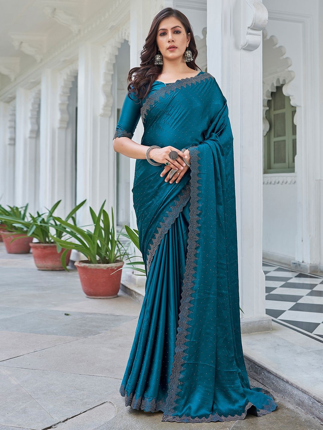 

Mitera Embellished Beads and Stones Satin Saree, Teal