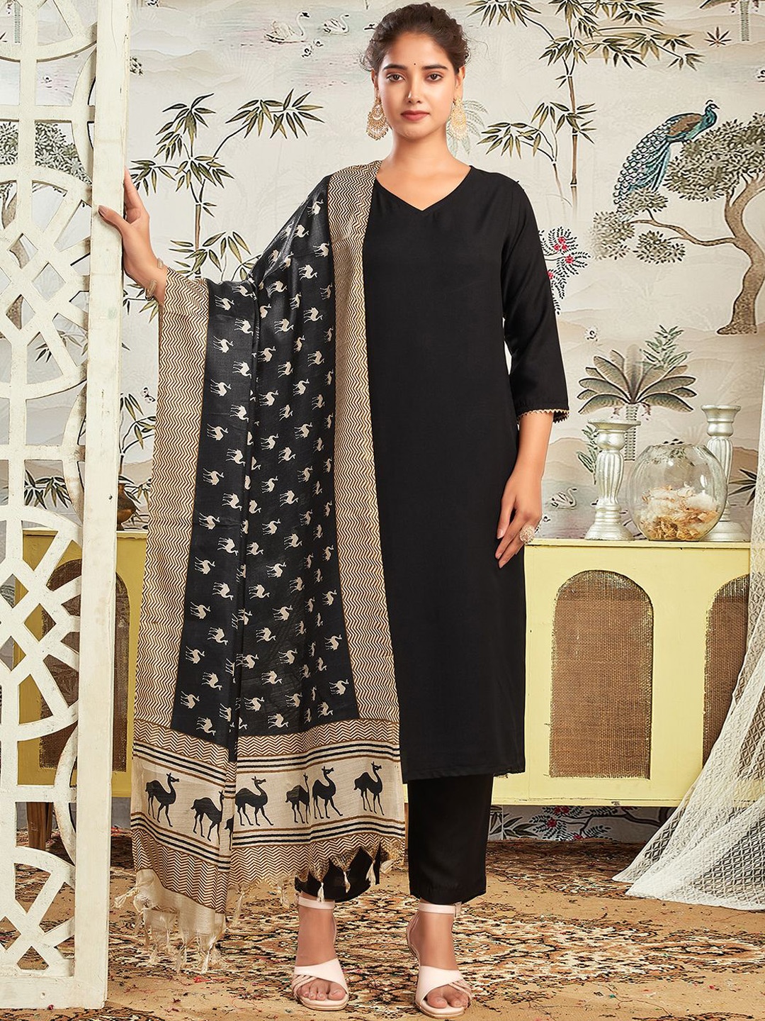 

KALINI V-Neck Straight Kurta With Trousers & Dupatta, Black