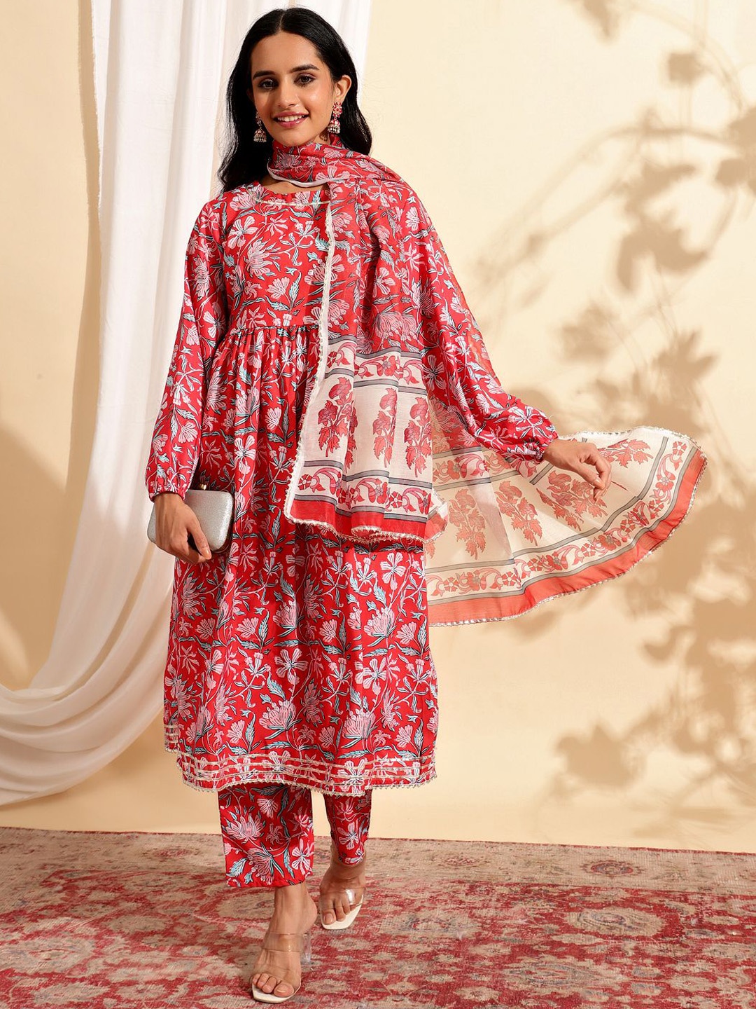 

V TRADITION Floral Printed Puffed Sleeves Pure Cotton A-Line Kurta with Trousers & Dupatta, Red