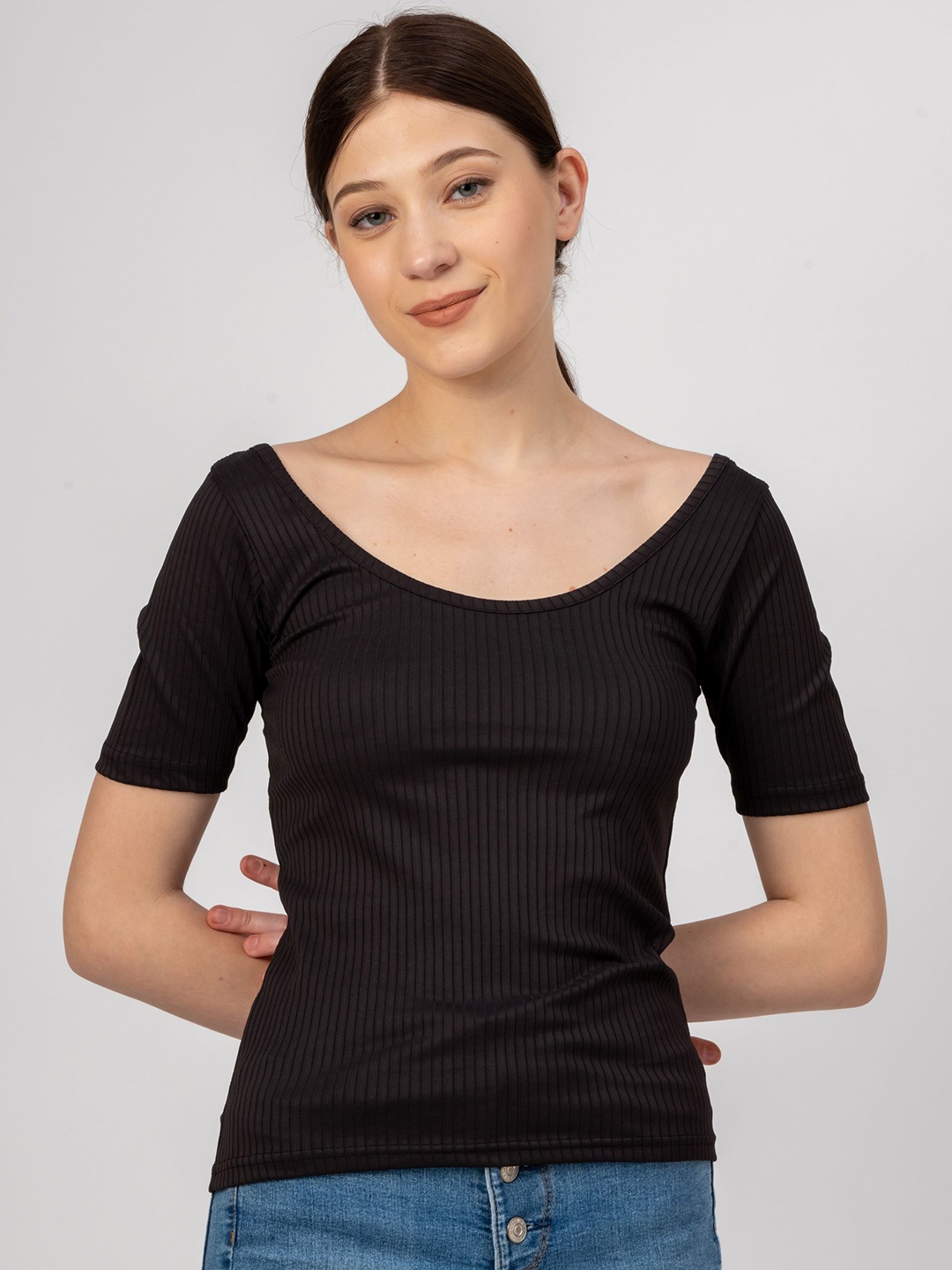

Redamancii Women Scoop Neck Top, Black