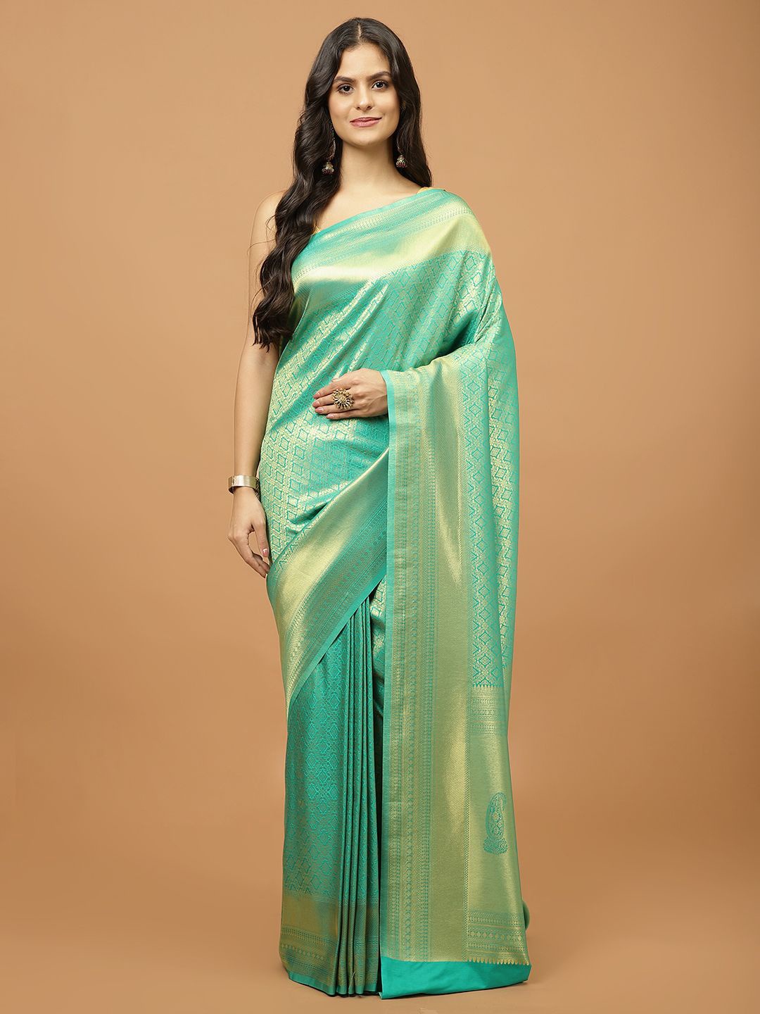 

Meena Bazaar Ethnic Motifs Woven Design Zari Saree, Sea green