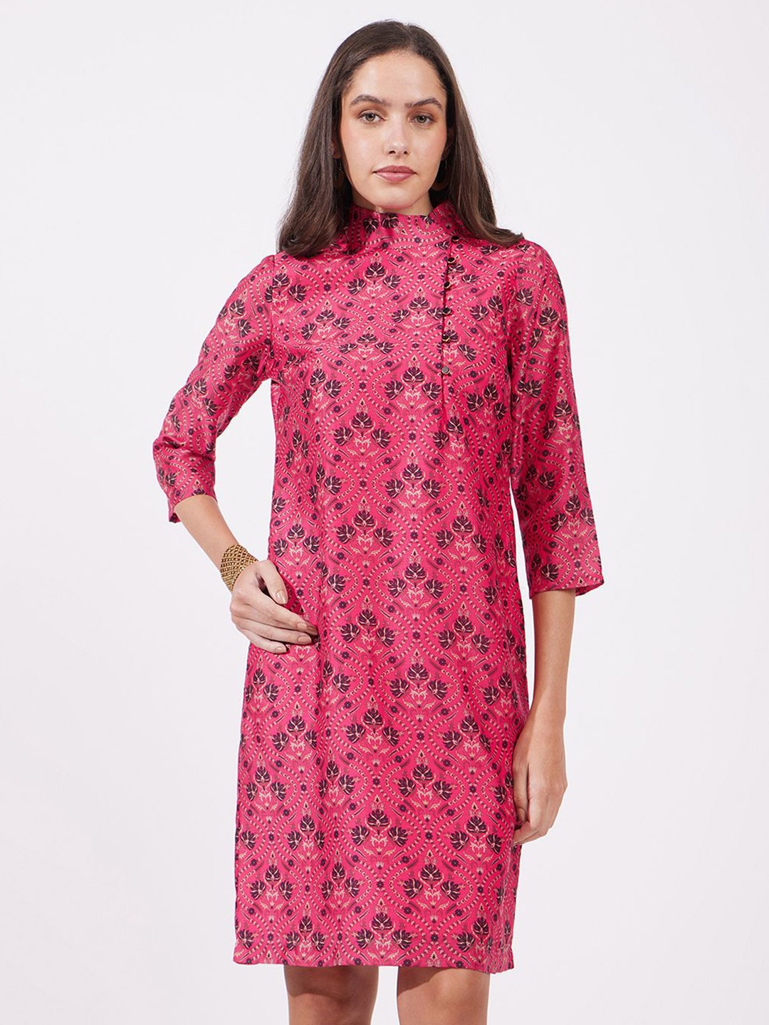 

FableStreet Women Ethnic Motifs Printed A-Line Dress, Pink