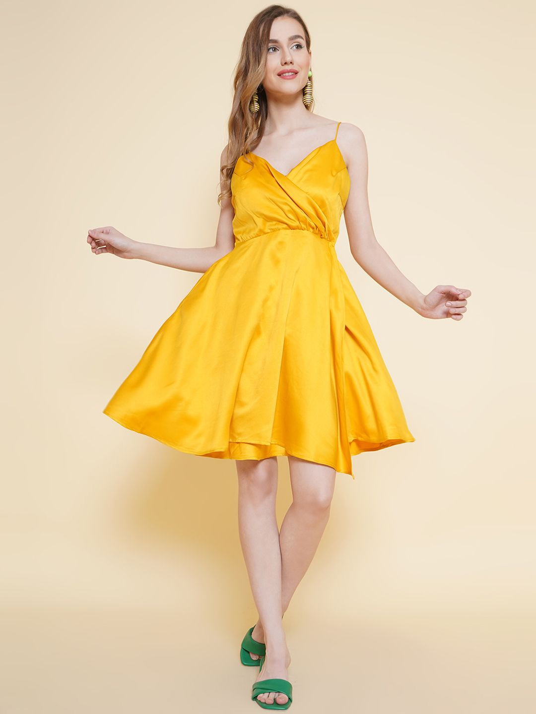 

KATLINE Satin Fit & Flare Mini Dress, Yellow