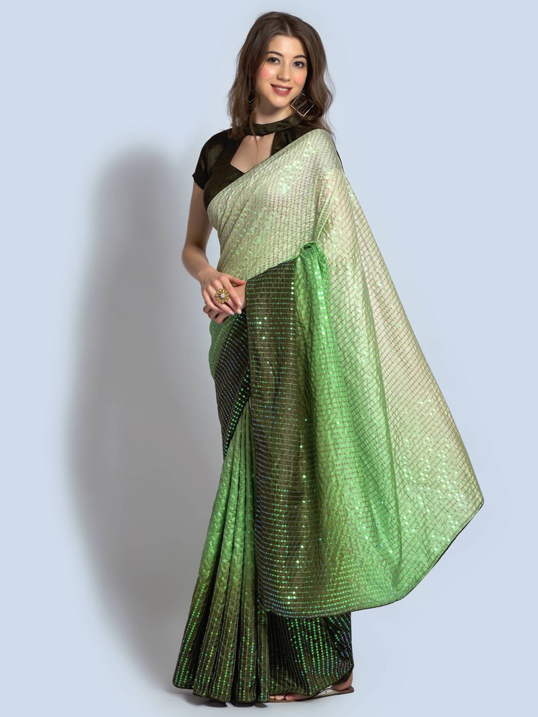 

Krimmple Embellished Sequinned Art Silk Fusion Saree, Green