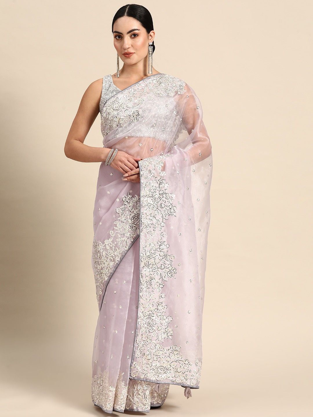

Anouk Floral Embroidered Organza Saree, Lavender