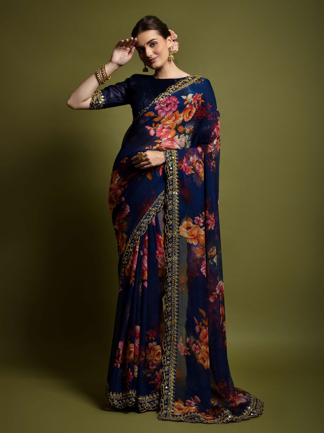 

Krimmple Floral Sequinned Pure Georgette Fusion Saree, Navy blue