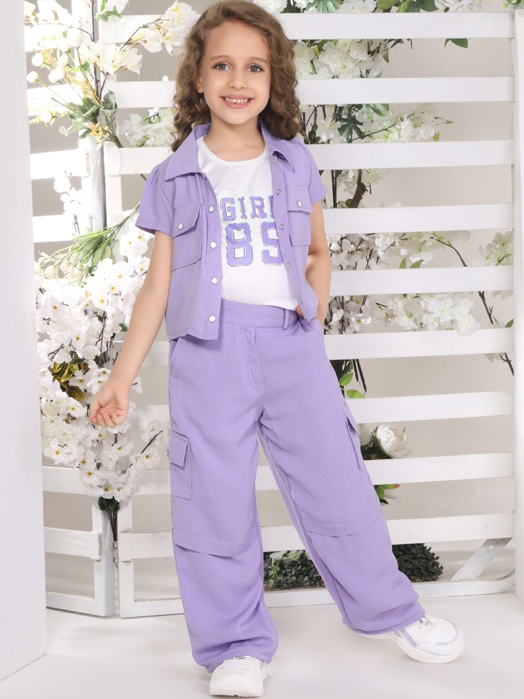 

Ministitch Girls Printed T-shirt & Shirt With Trousers Set, Purple