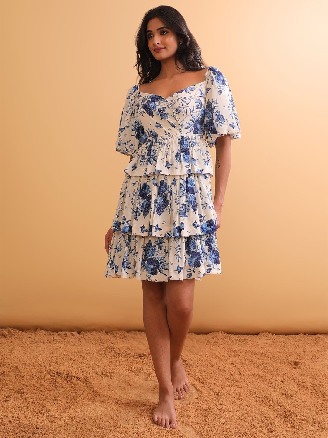 

NH KAPDEWALA Women Floral Printed Puff Sleeves Fit & Flare Dress, White