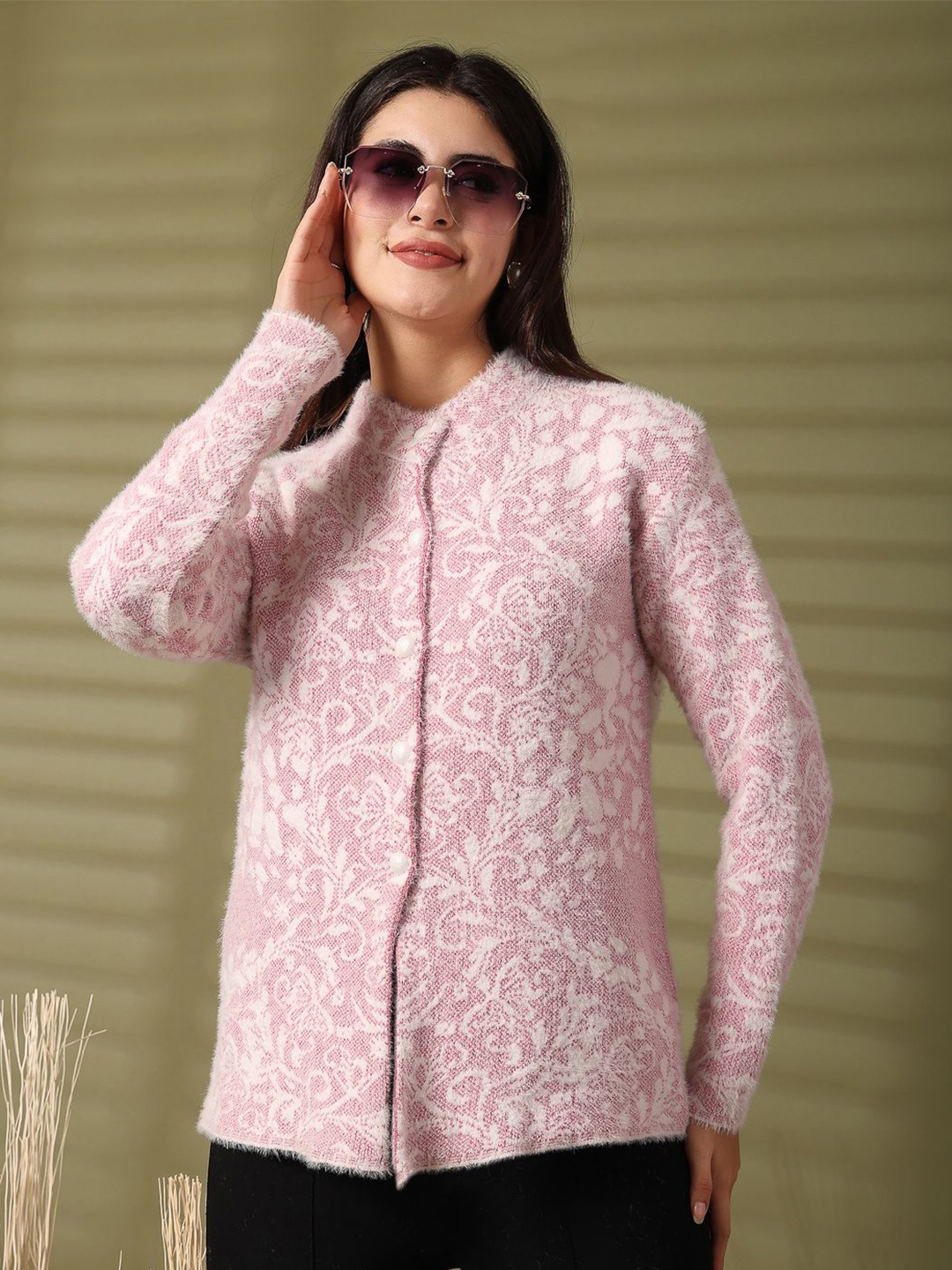 

Clora Creation Women Floral Printed Woollen Cardigan with Fuzzy Detail, Pink