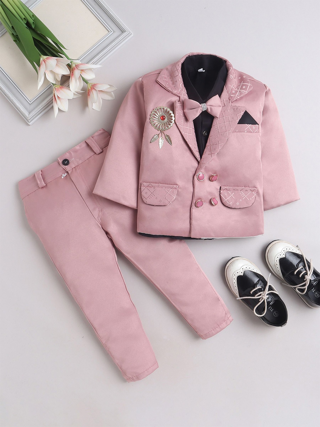 

BAESD Boys Notched Lapel Collar Double-Breasted Blazer with shirt and Trouser, Pink