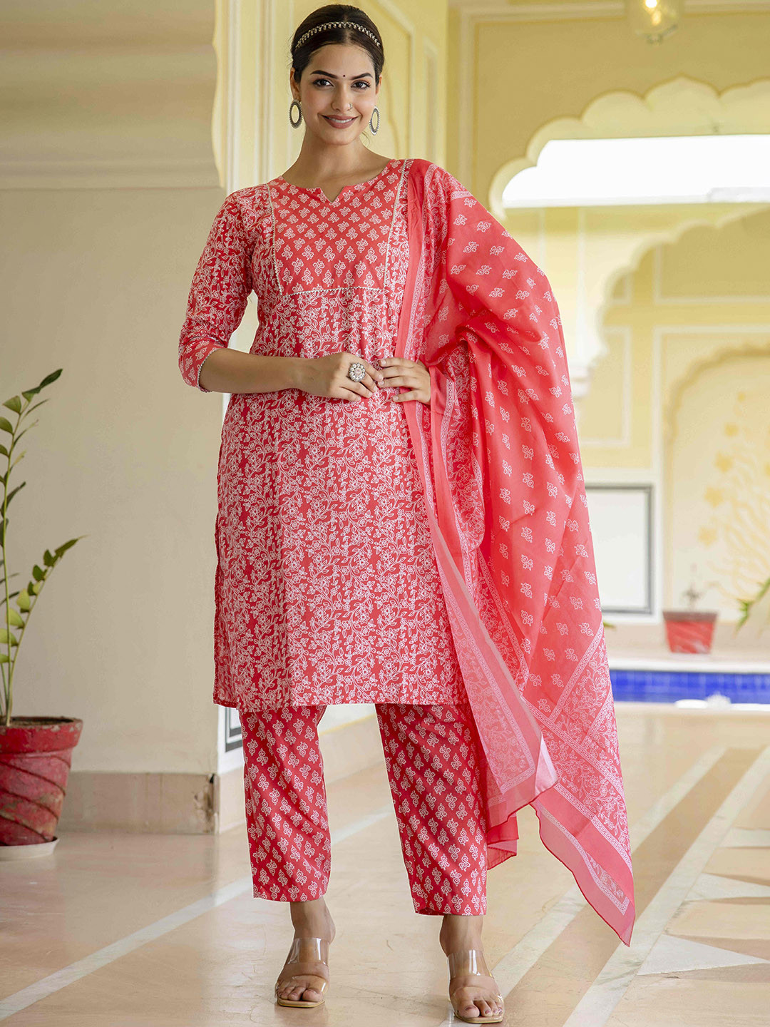 

MAGMINA Floral Printed Gotta Patti Kurti with Trouser & Dupatta, Orange