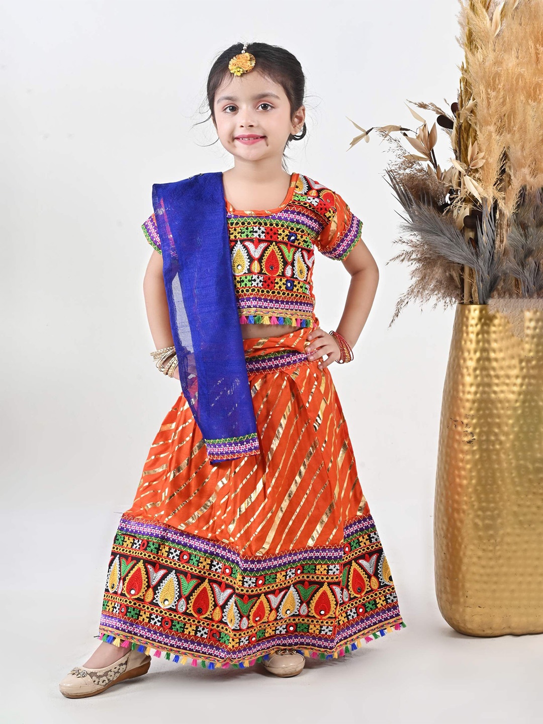 

ahhaaaa Girls Embroidered Mirror Work Cotton Ready to Wear Lehenga & Blouse With Dupatta, Orange