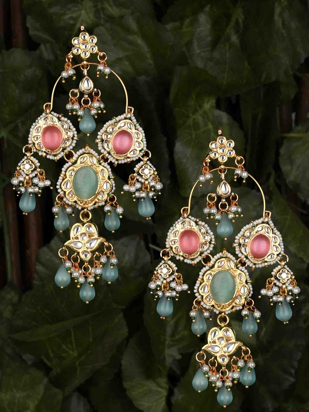 

Amreli Jaipur Gold-Plated Kundan Kundan Studded & Beaded Chandbalis