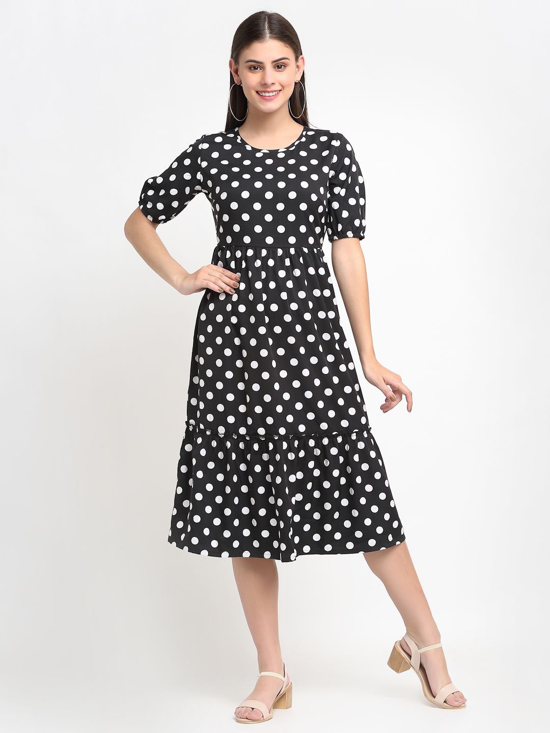 

BRINNS Polka Dot Printed Fit & Flare Short Sleeves Midi Dress, Black