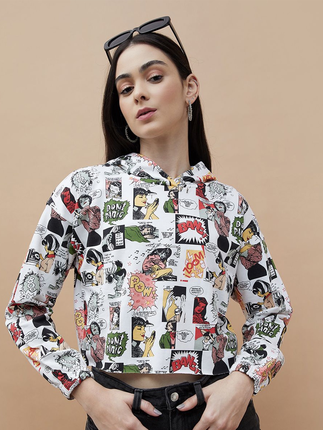 

Ginger by Lifestyle Women Cotton Printed Long Sleeves Hooded neck Sweatshirt, White