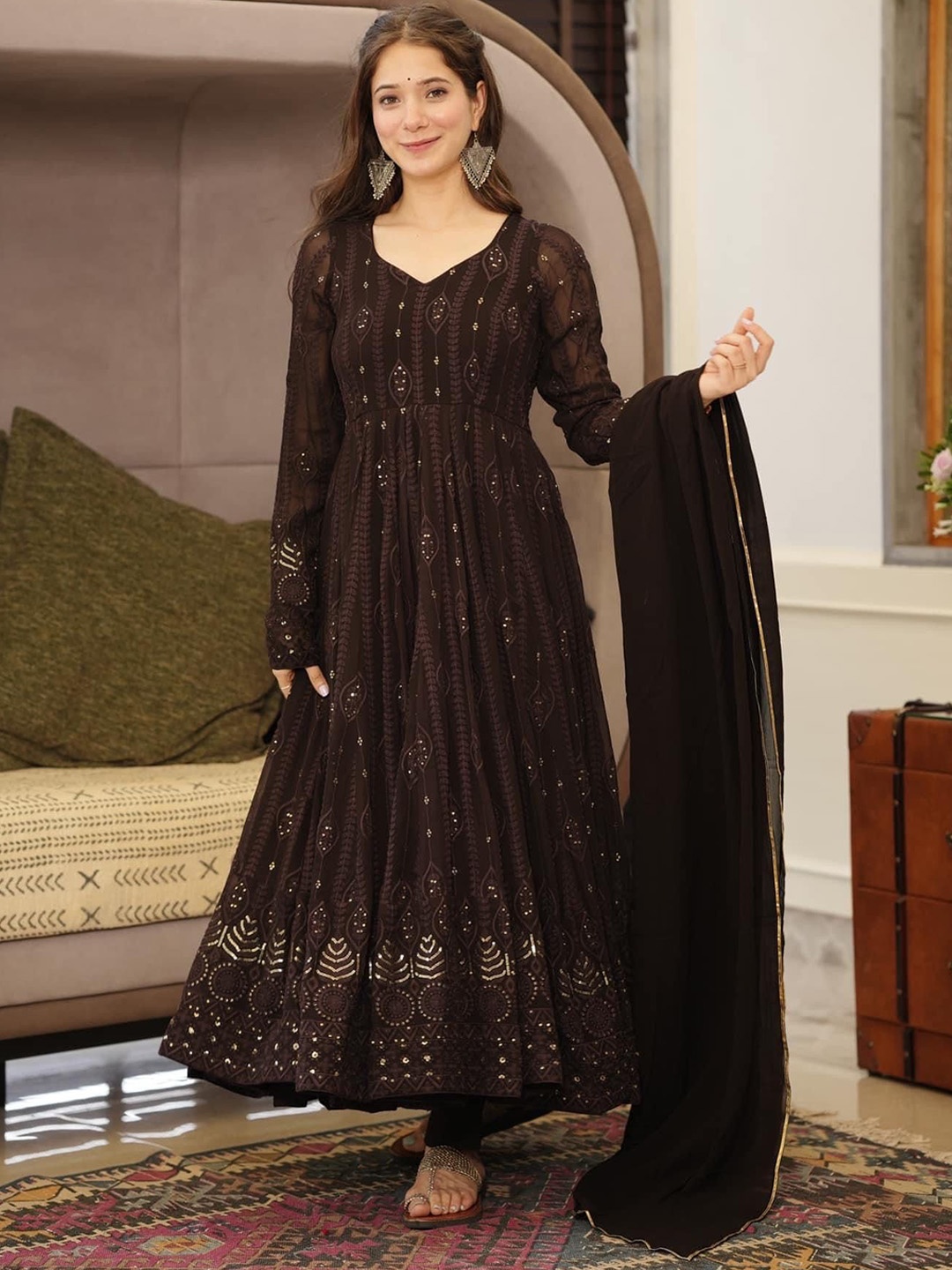

Vama Heritage Ethnic Motifs Embroidered Regular Sequinned Kurta With Trousers & Dupatta, Brown